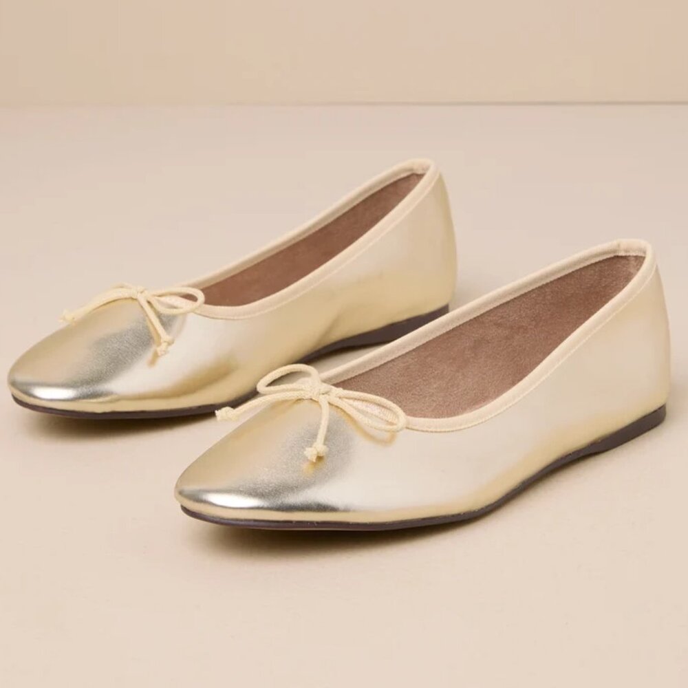 Audrey Gold Metallic Bow Ballet Flats/NIB/10